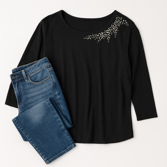 Quacker Factory T-Shirt Top Black Rhinestone 3/4 Sleeve Womens 3X Round Neck NWT - Picture 2 of 8